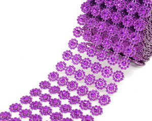 4" x 10 Yards Purple Flower Diamond Rhinestone Ribbon Mesh Wrap Roll