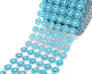 4" x 10 Yards Turquoise Flower Diamond Rhinestone Ribbon Mesh Wrap Roll